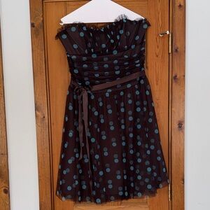 Scott McClintock Strapless Mesh Polka Dot Turquoise & Brown Dress &Matching Belt